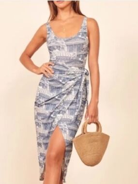 Reformation Blue Printed Wrap Midi Dress